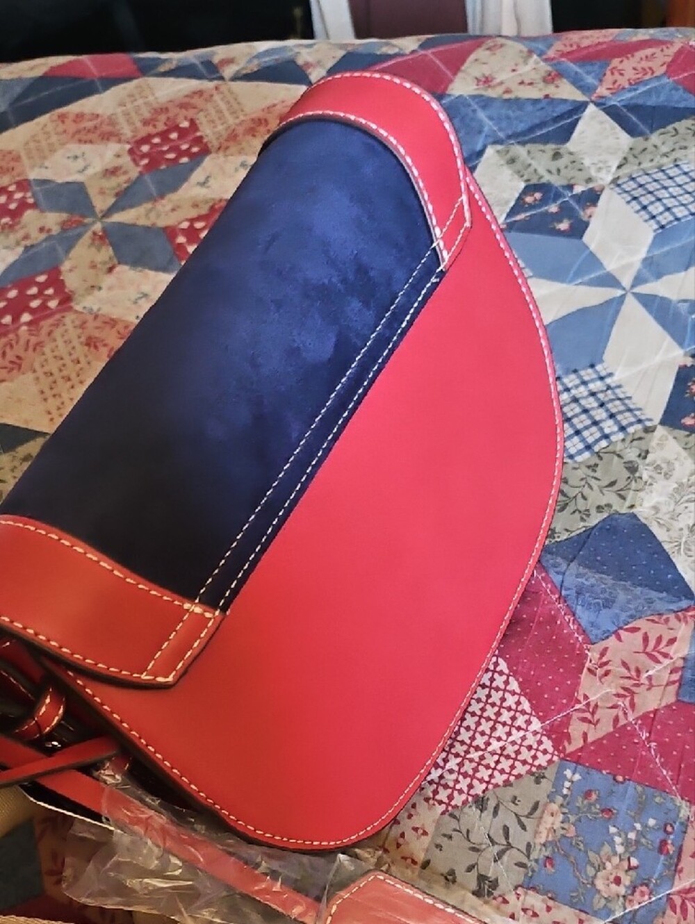 True Religion Navy Suede & Red Leather Rhinestone Crossbody - Picture 5 of 7